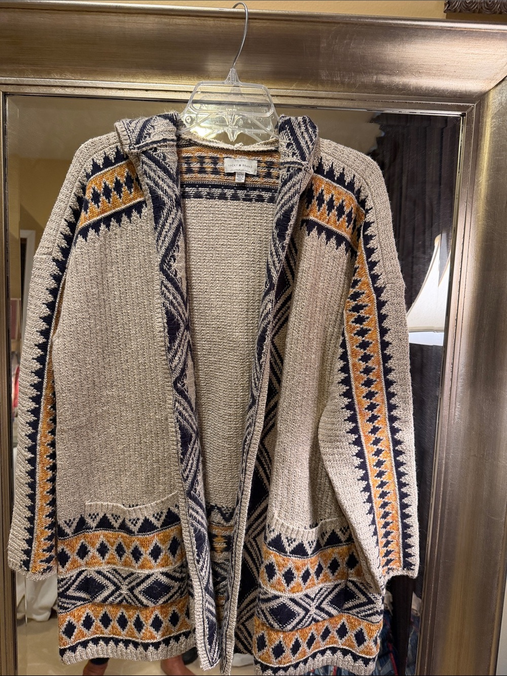 Lucky Brand Hooded Open-Front Cardigan in Beige Navy Mustard 1X